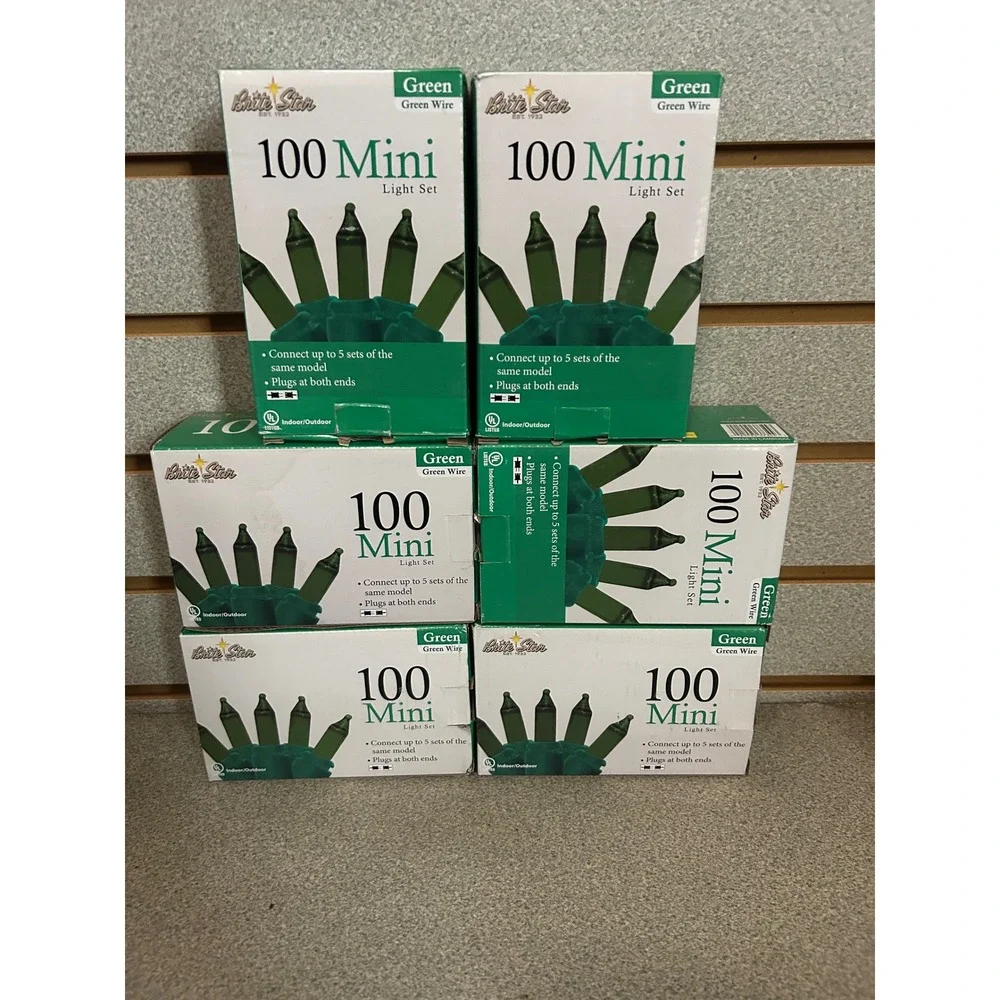 Lot of 6 Brite Star 100 Mini Light Set Green Bulbs Green Wire Indoor Outdoor
